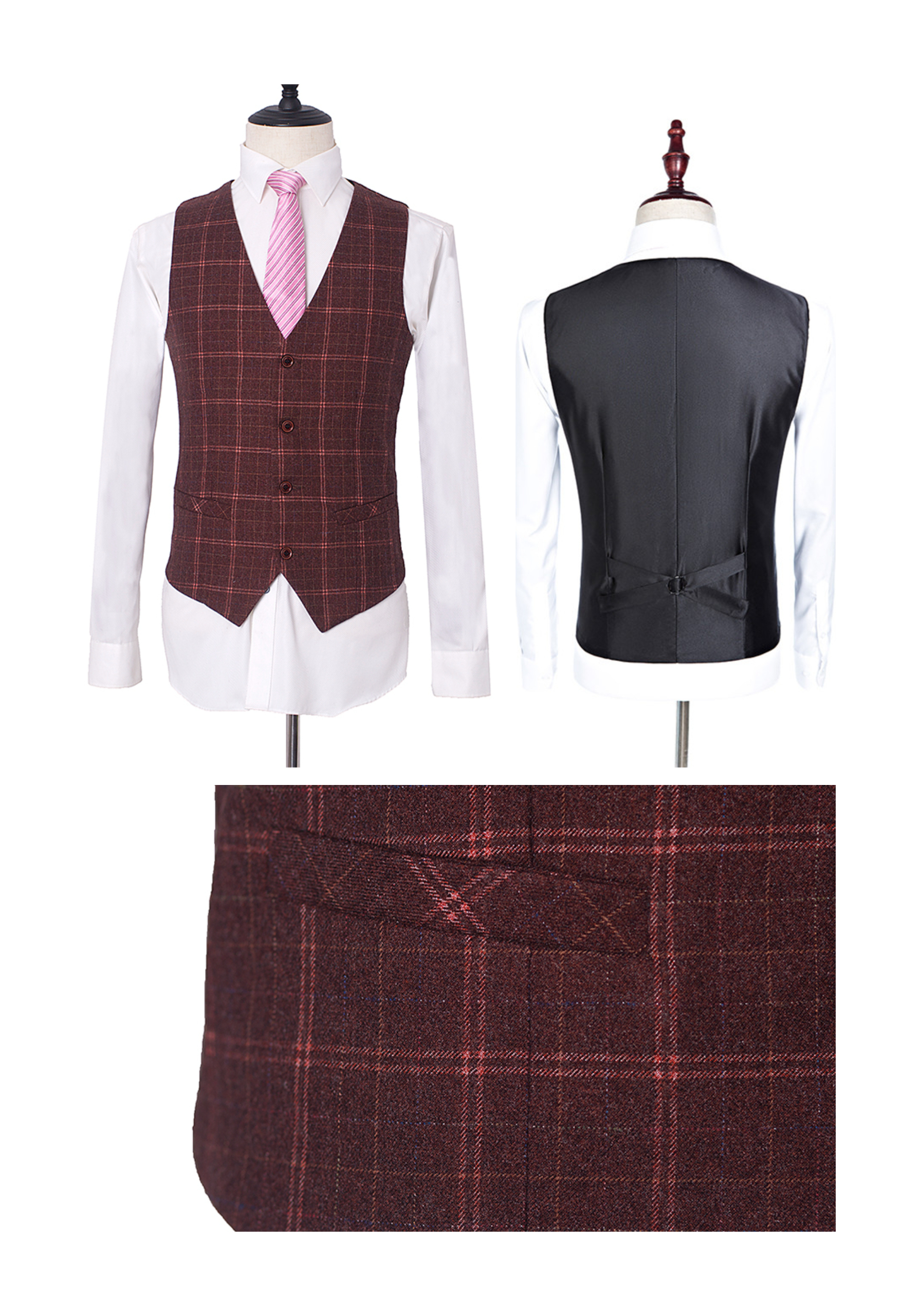 Men’s Mocha Maroon Windowpane Check Tweed Single-Breasted Three-Piece Suit - Image 16