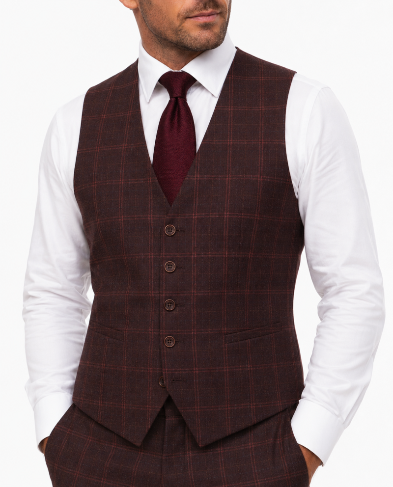 Men’s Mocha Maroon Windowpane Check Tweed Waistcoat