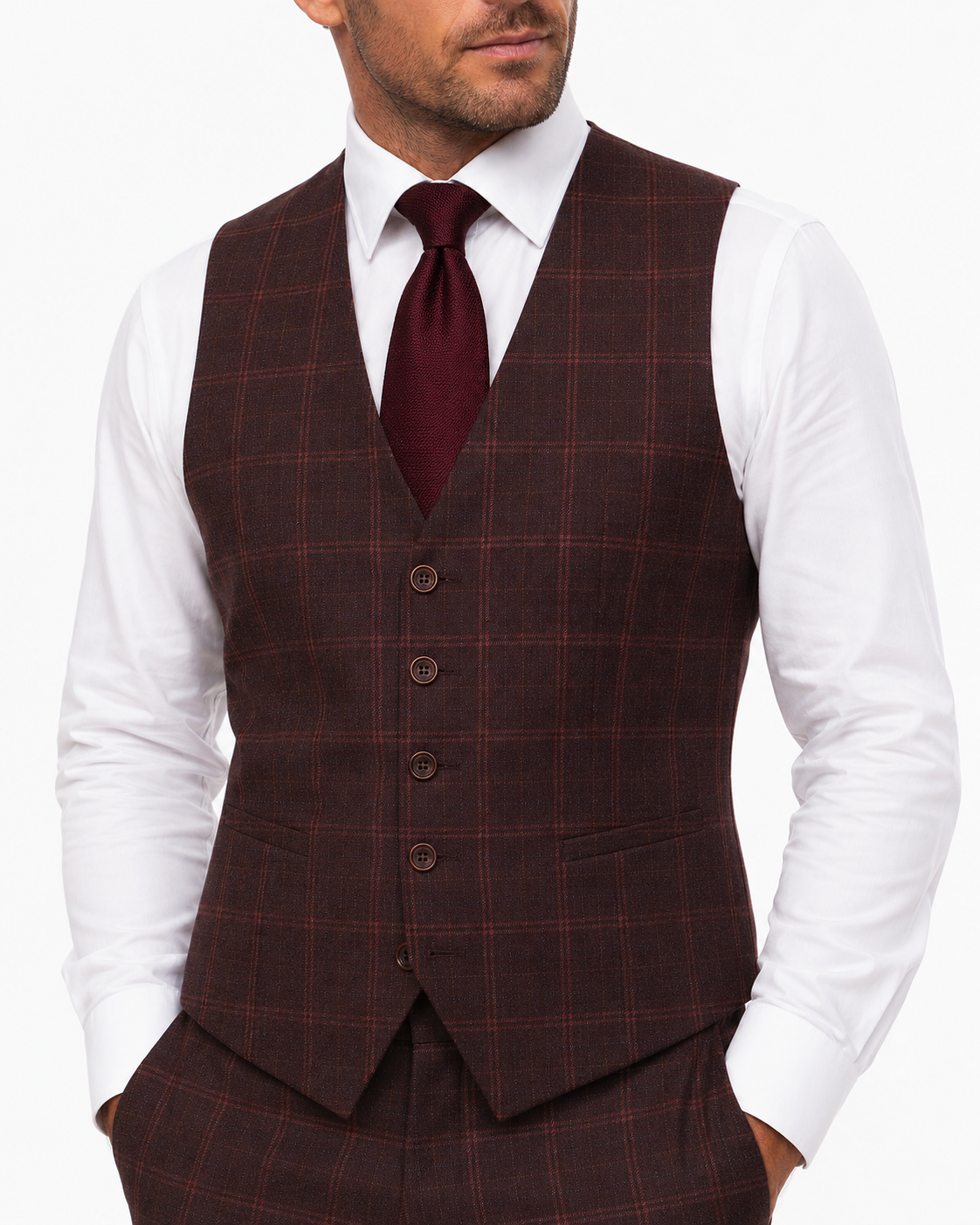 Men’s Mocha Maroon Windowpane Check Tweed Single-Breasted Three-Piece Suit - Image 14
