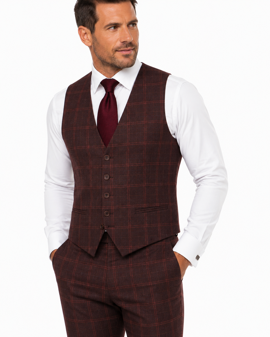 Men’s Mocha Maroon Windowpane Check Tweed Single-Breasted Three-Piece Suit - Image 15