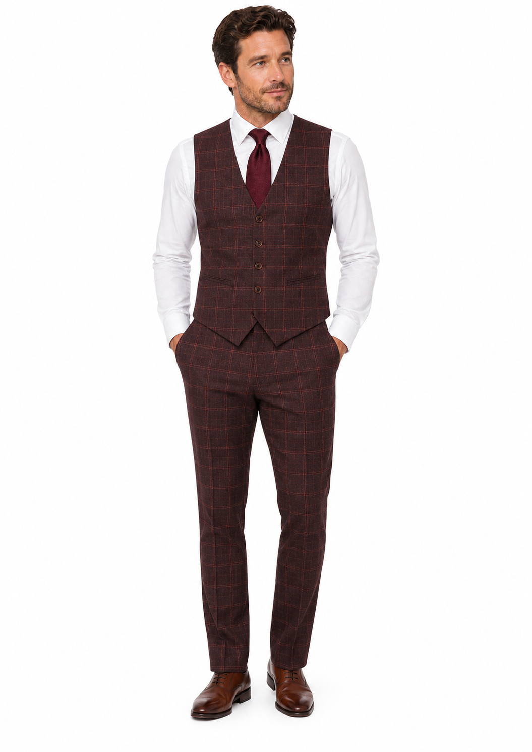 Men’s Mocha Maroon Windowpane Check Tweed Single-Breasted Three-Piece Suit - Image 18