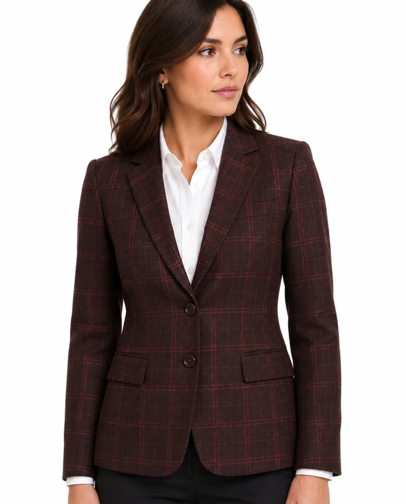 Women’s Mocha Maroon Windowpane Check Tweed Single-Breasted Jacket