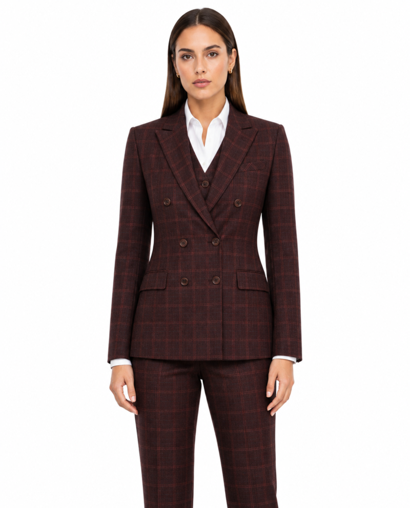 Women’s Mocha Maroon Windowpane Check Tweed Double-Breasted Jacket