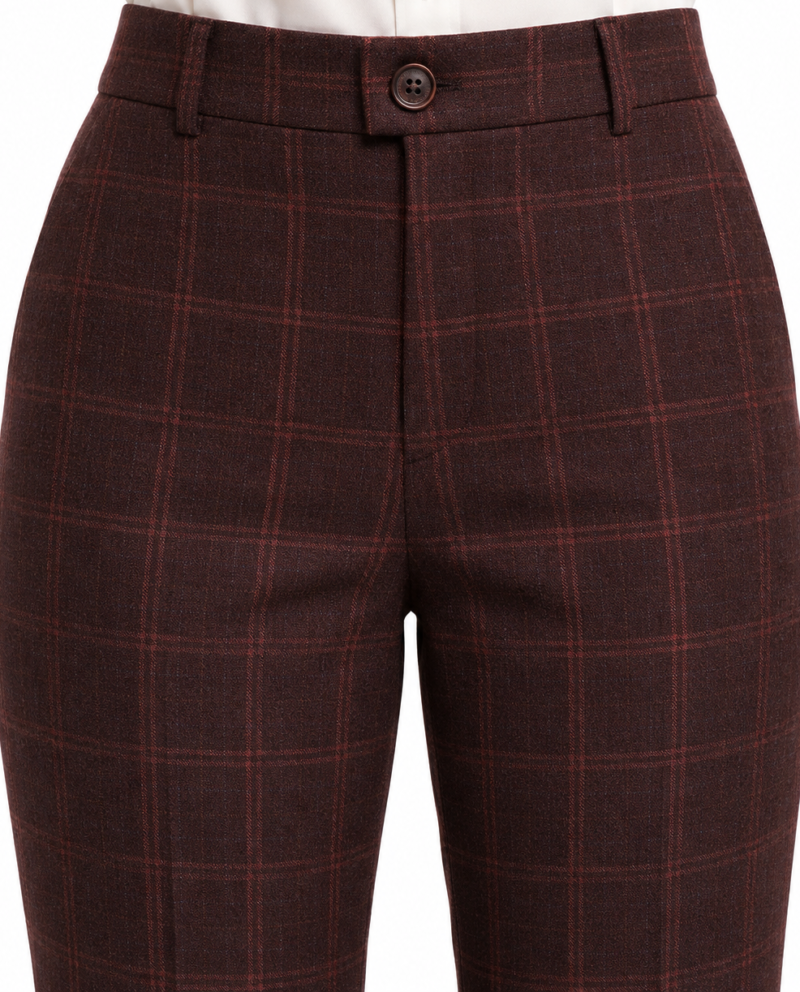 Women’s Mocha Maroon Windowpane Check Tweed Trousers