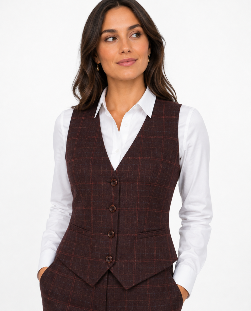 Women’s Mocha Maroon Windowpane Check Tweed Waistcoat