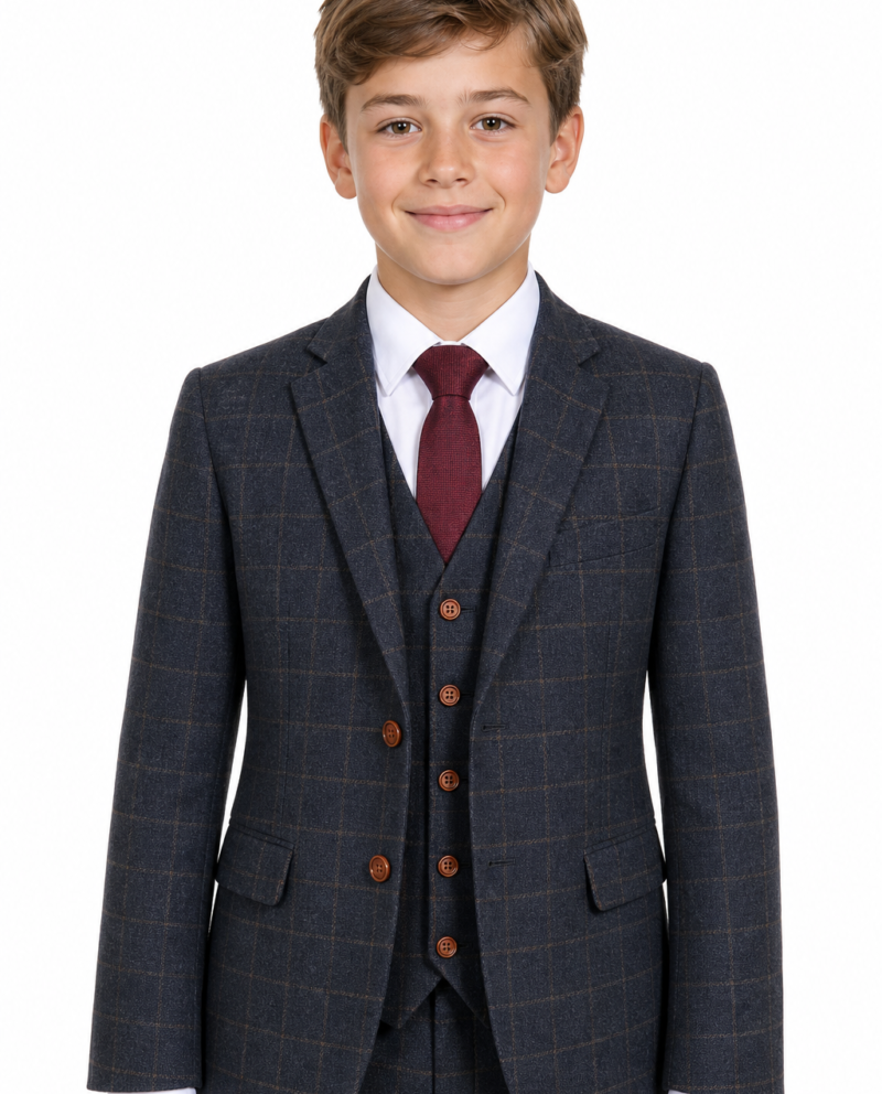 Boys’ Navy Blue Country Check Tweed with Tan Three-Piece Suit