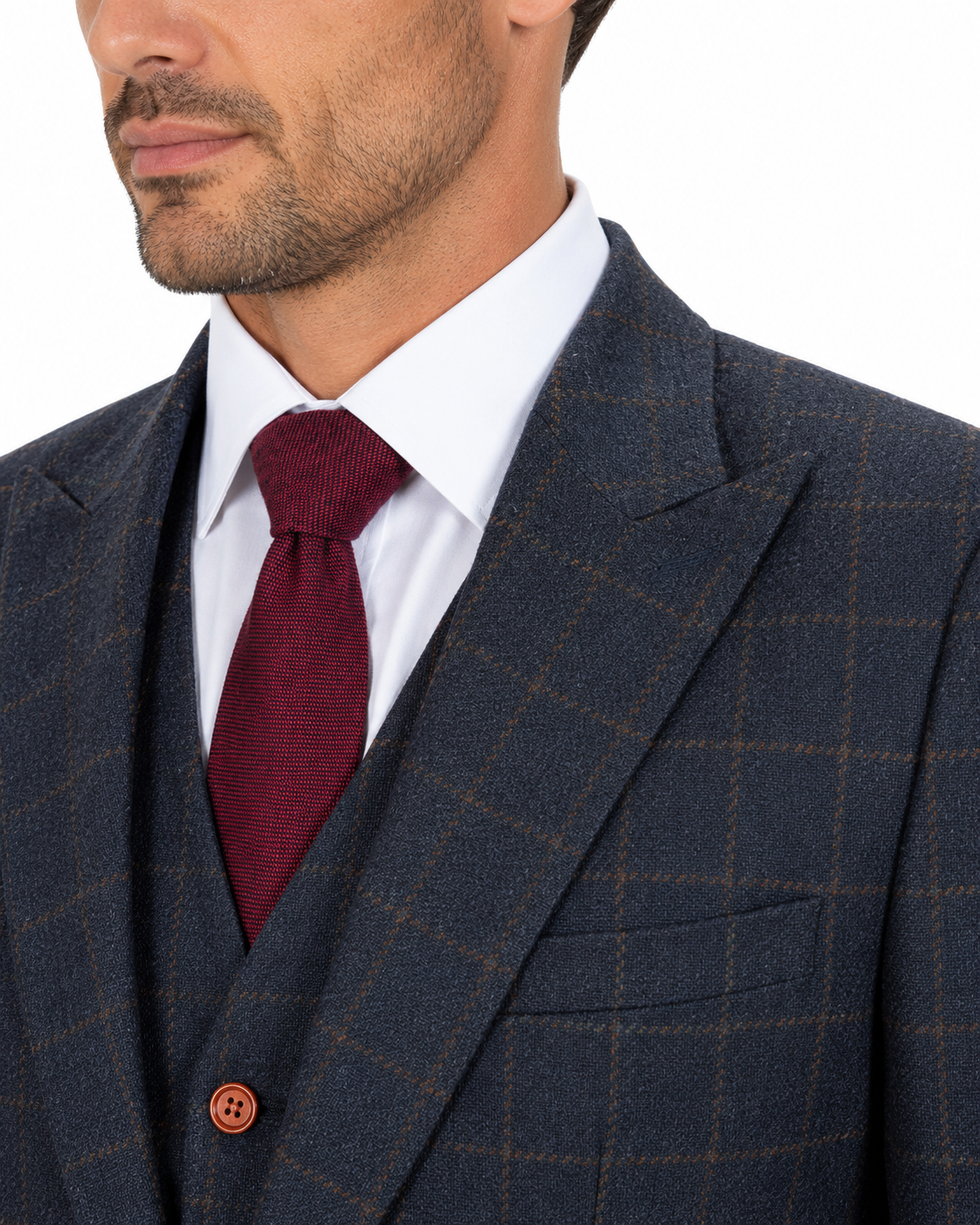 Men’s Made-to-Measure Navy Blue Country Check Tweed with Tan Three-Piece Suit - Image 23