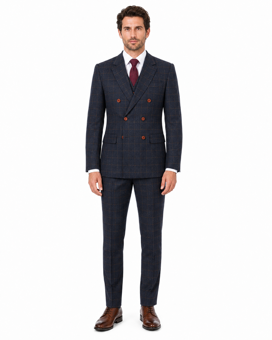 Men’s Made-to-Measure Navy Blue Country Check Tweed with Tan Three-Piece Suit - Image 10