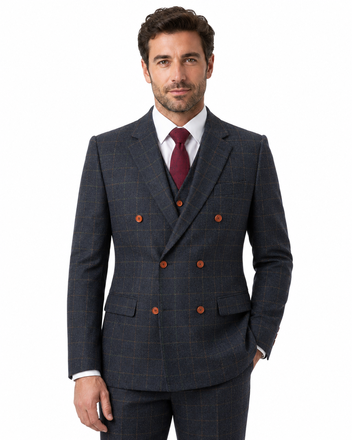 Men’s Made-to-Measure Navy Blue Country Check Tweed with Tan Three-Piece Suit - Image 11