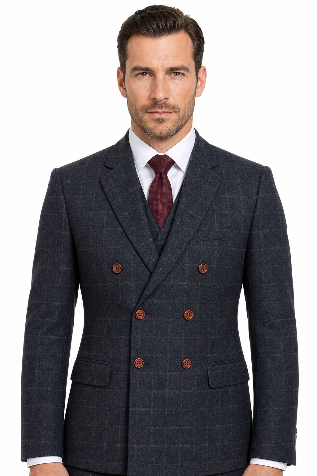 Men’s Made-to-Measure Navy Blue Country Check Tweed with Tan Three-Piece Suit - Image 12
