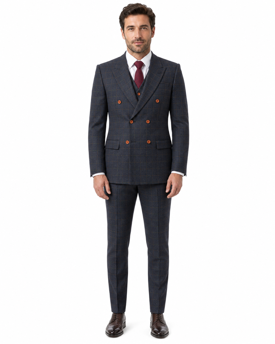 Men’s Navy Blue Country Check Tweed with Tan Double-Breasted Three-Piece Suit - Image 2