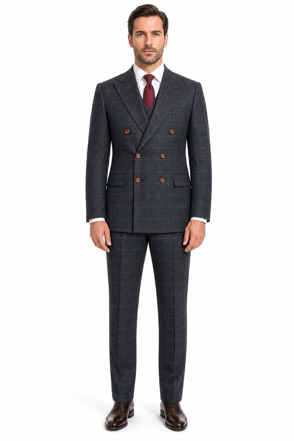 Men’s Navy Blue Country Check Tweed with Tan Double-Breasted Three-Piece Suit - Image 3