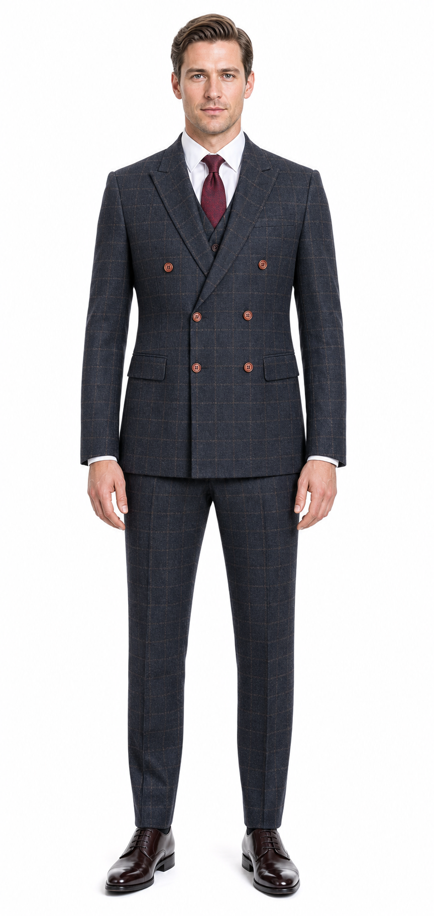 Men’s Navy Blue Country Check Tweed with Tan Double-Breasted Three-Piece Suit - Image 4