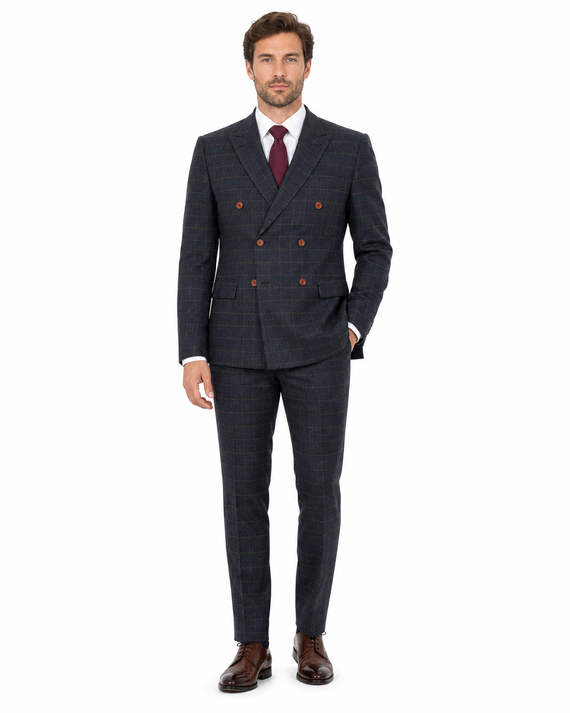 Men’s Navy Blue Country Check Tweed with Tan Double-Breasted Three-Piece Suit - Image 5