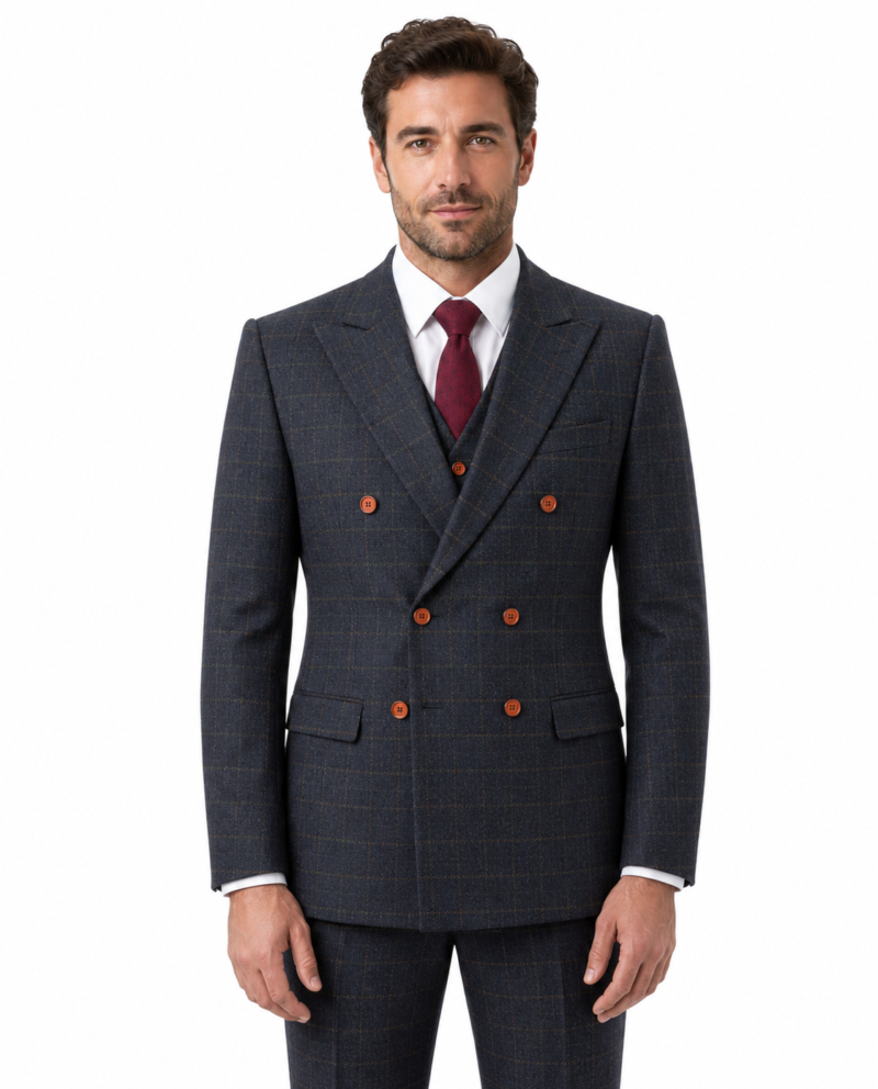 Men’s Navy Blue Country Check Tweed with Tan Double-Breasted Three-Piece Suit
