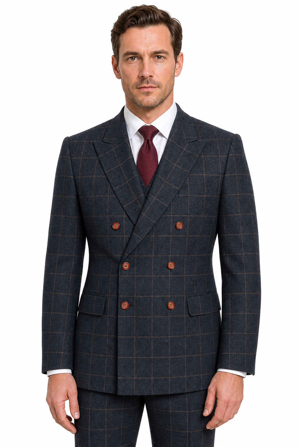 Men’s Navy Blue Country Check Tweed with Tan Double-Breasted Three-Piece Suit - Image 6