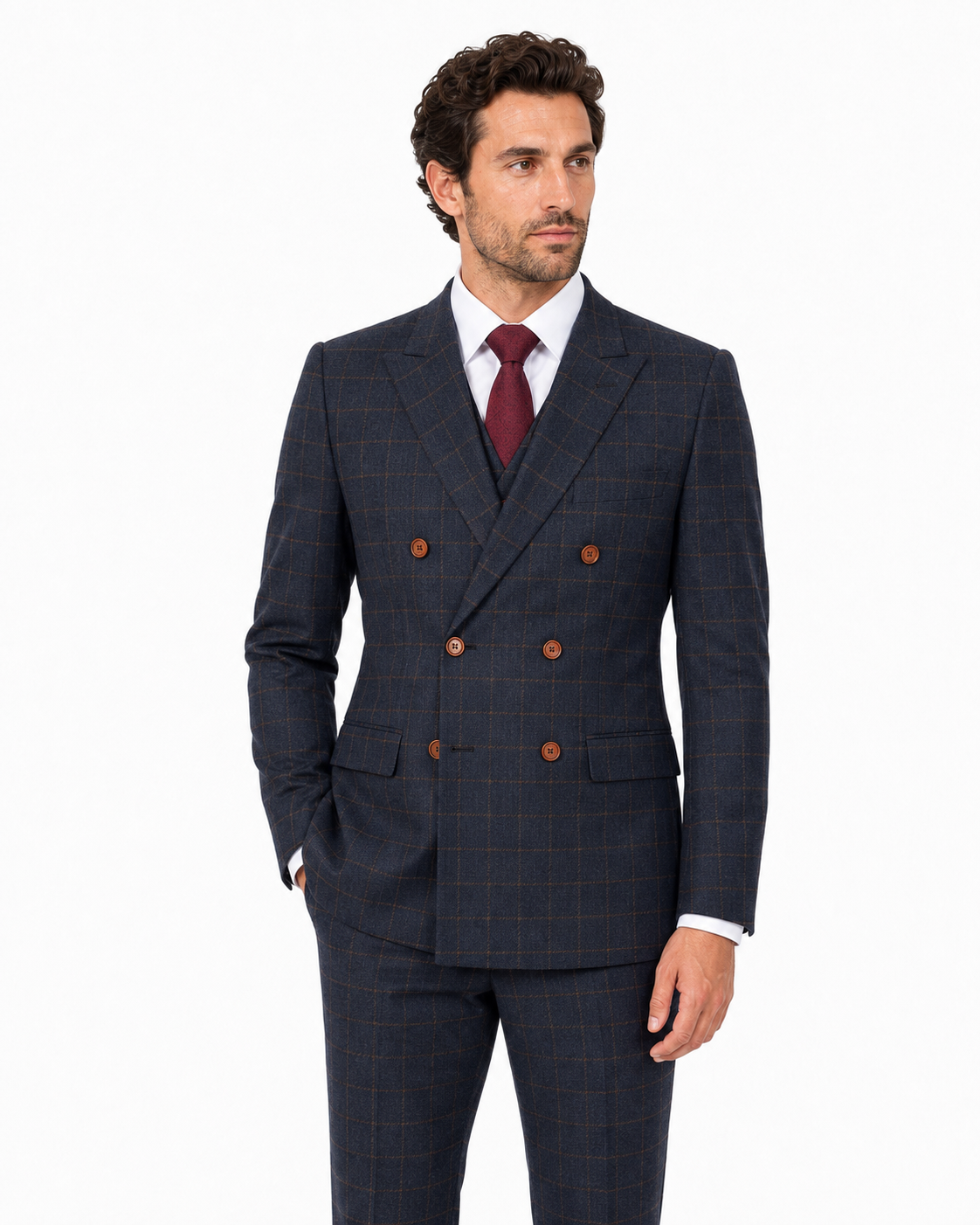 Men’s Navy Blue Country Check Tweed with Tan Double-Breasted Three-Piece Suit - Image 7
