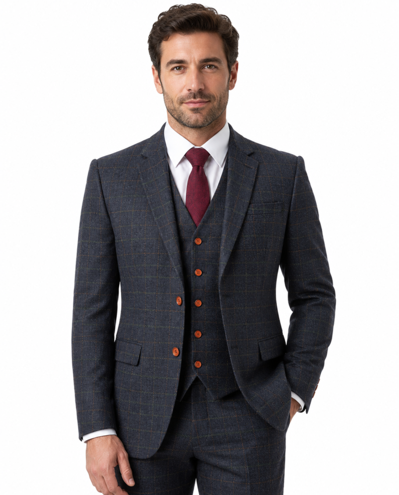 Men’s Navy Blue Country Check Tweed with Tan Single-Breasted Three-Piece Suit