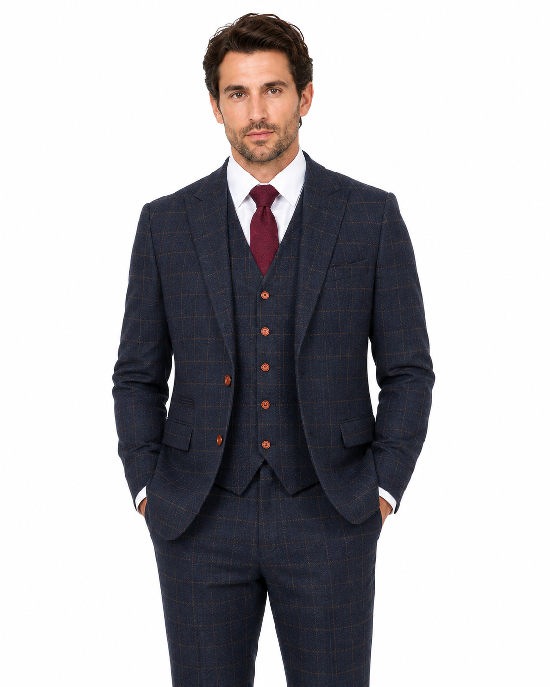 Men’s Made-to-Measure Navy Blue Country Check Tweed with Tan Three-Piece Suit - Image 9