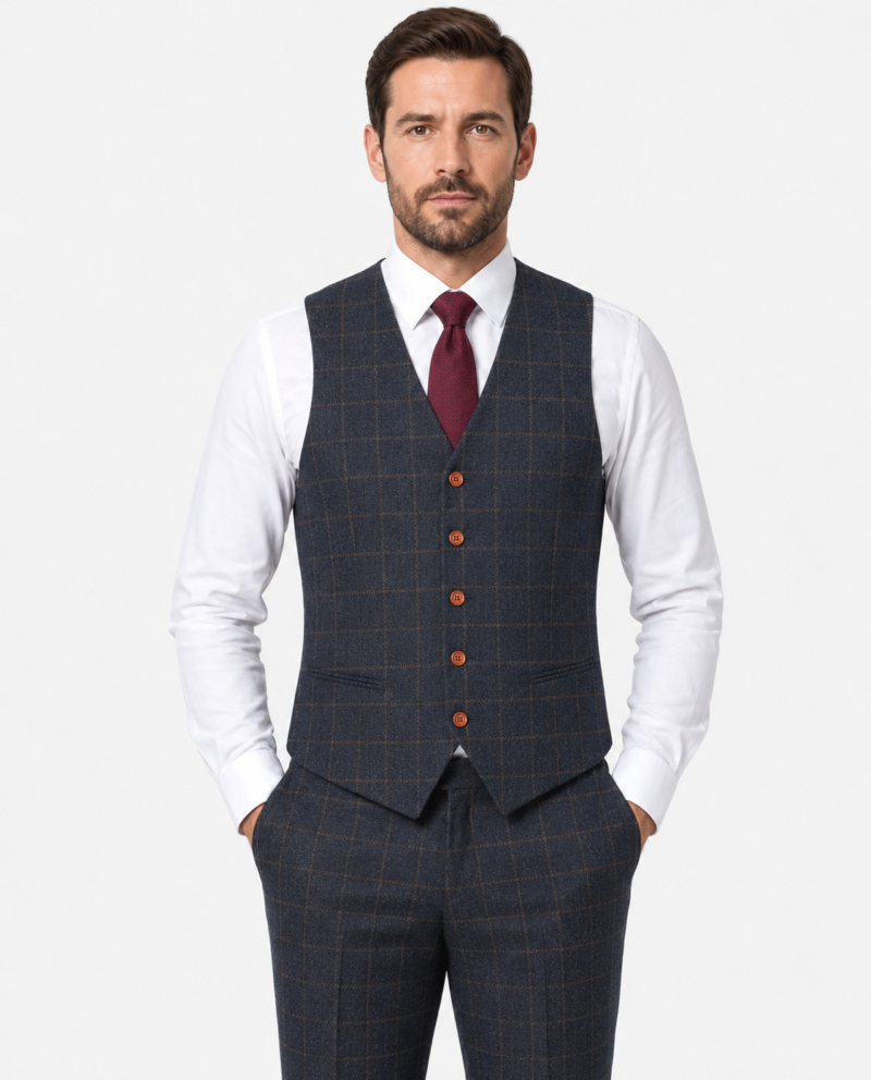 Men’s Navy Blue Country Check Tweed with Tan Waistcoat