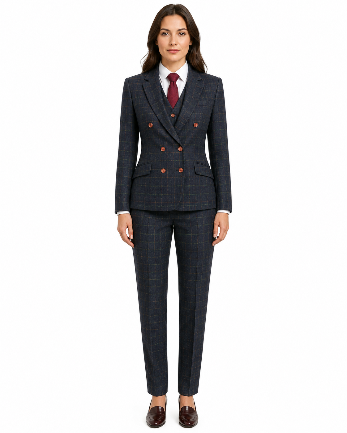 Women’s Made-to-Measure Navy Blue Country Check Tweed with Tan Three-Piece Suit - Image 10
