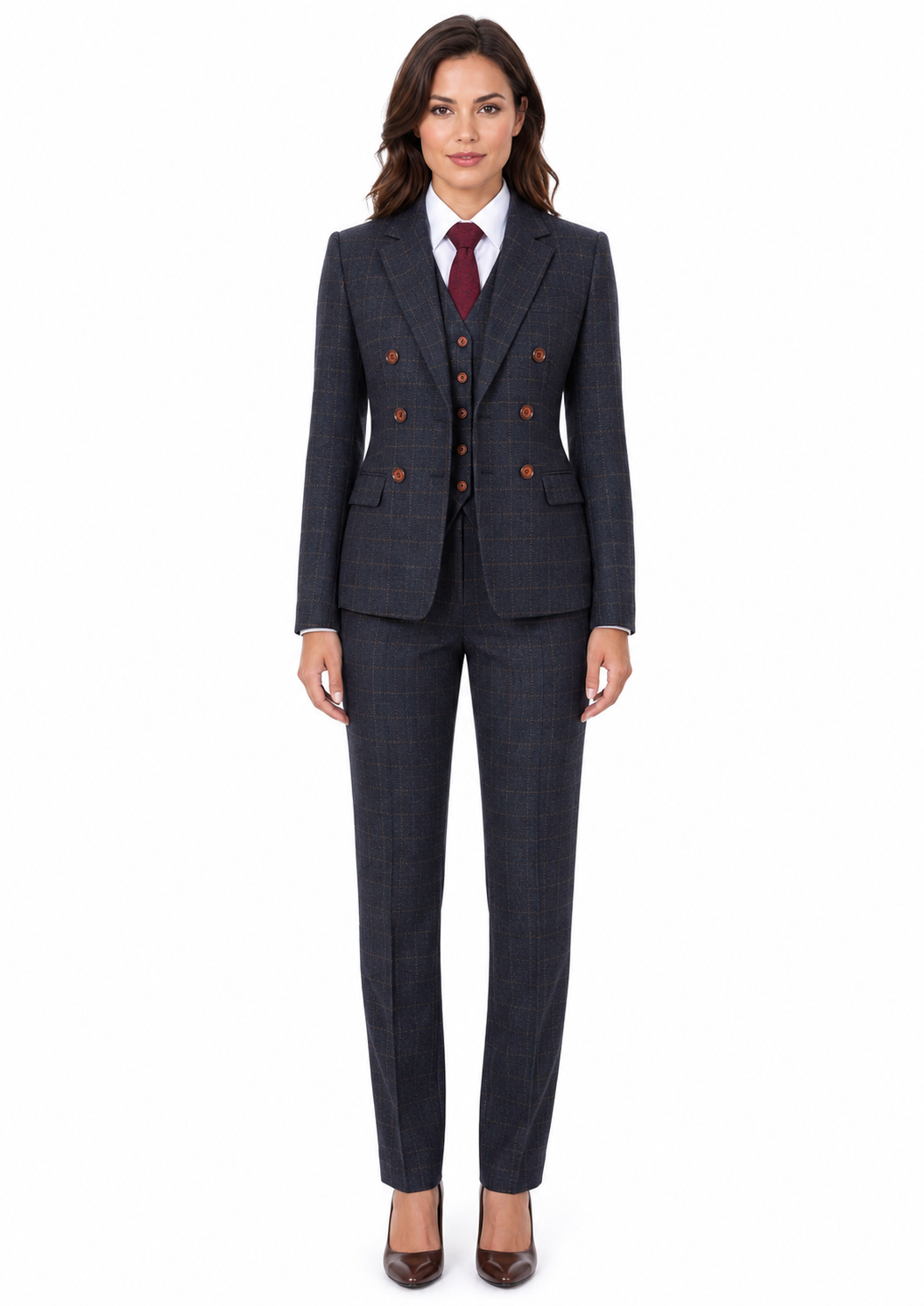 Women’s Made-to-Measure Navy Blue Country Check Tweed with Tan Three-Piece Suit - Image 11