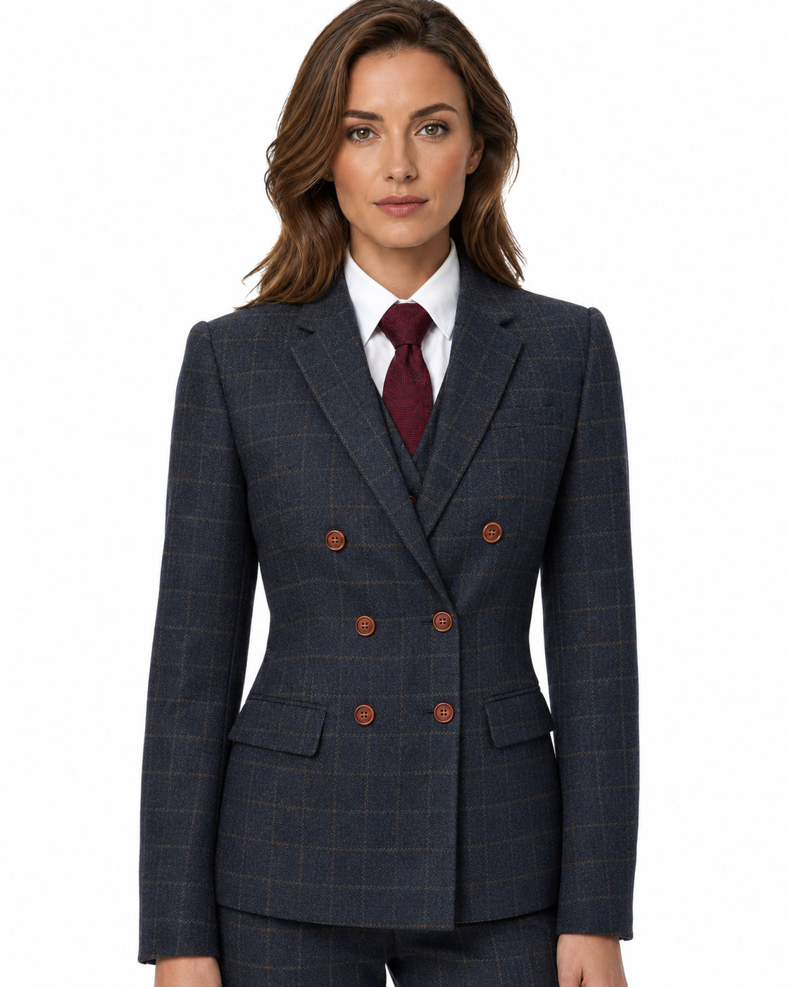 Women’s Made-to-Measure Navy Blue Country Check Tweed with Tan Three-Piece Suit - Image 12