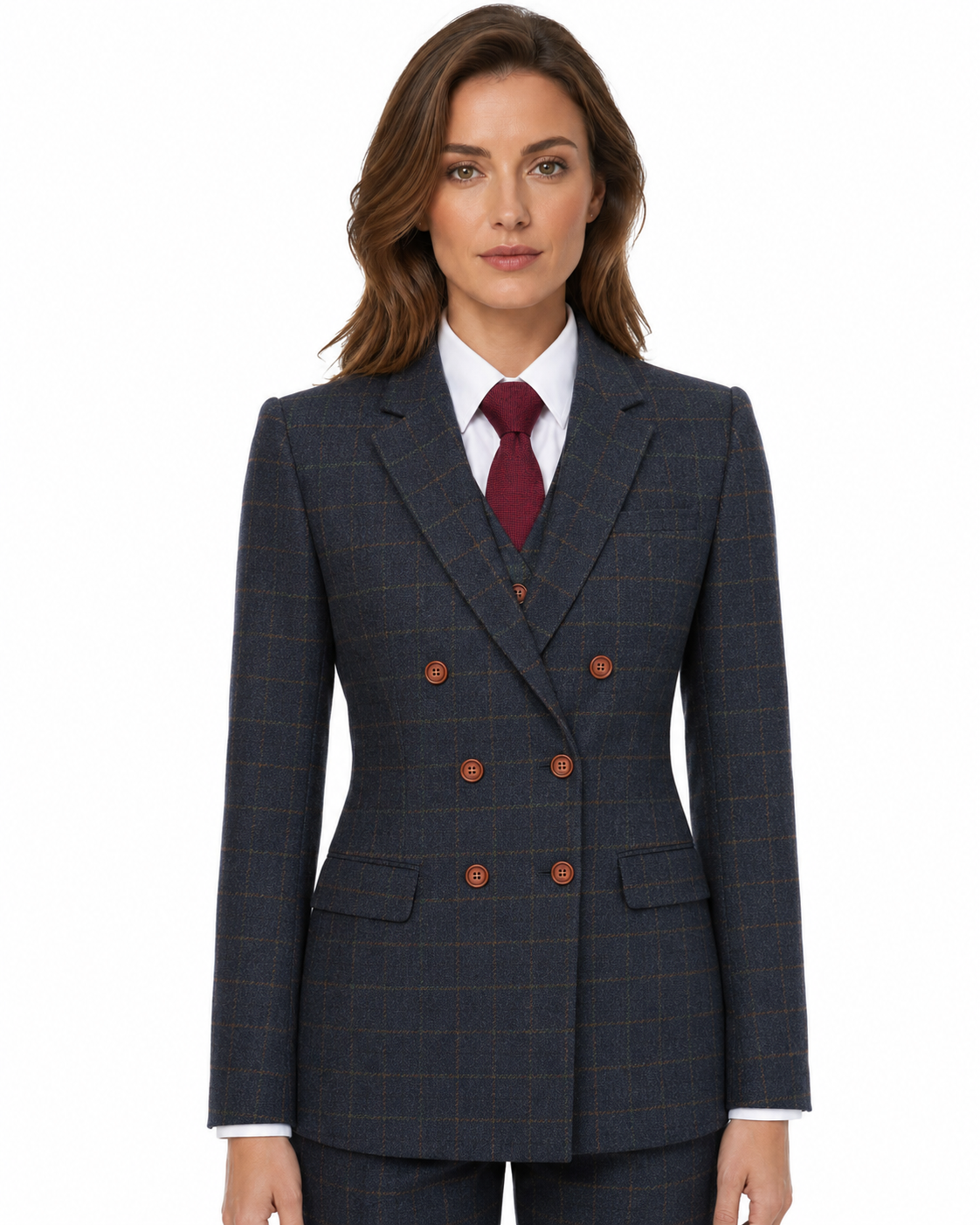 Women’s Made-to-Measure Navy Blue Country Check Tweed with Tan Three-Piece Suit - Image 13