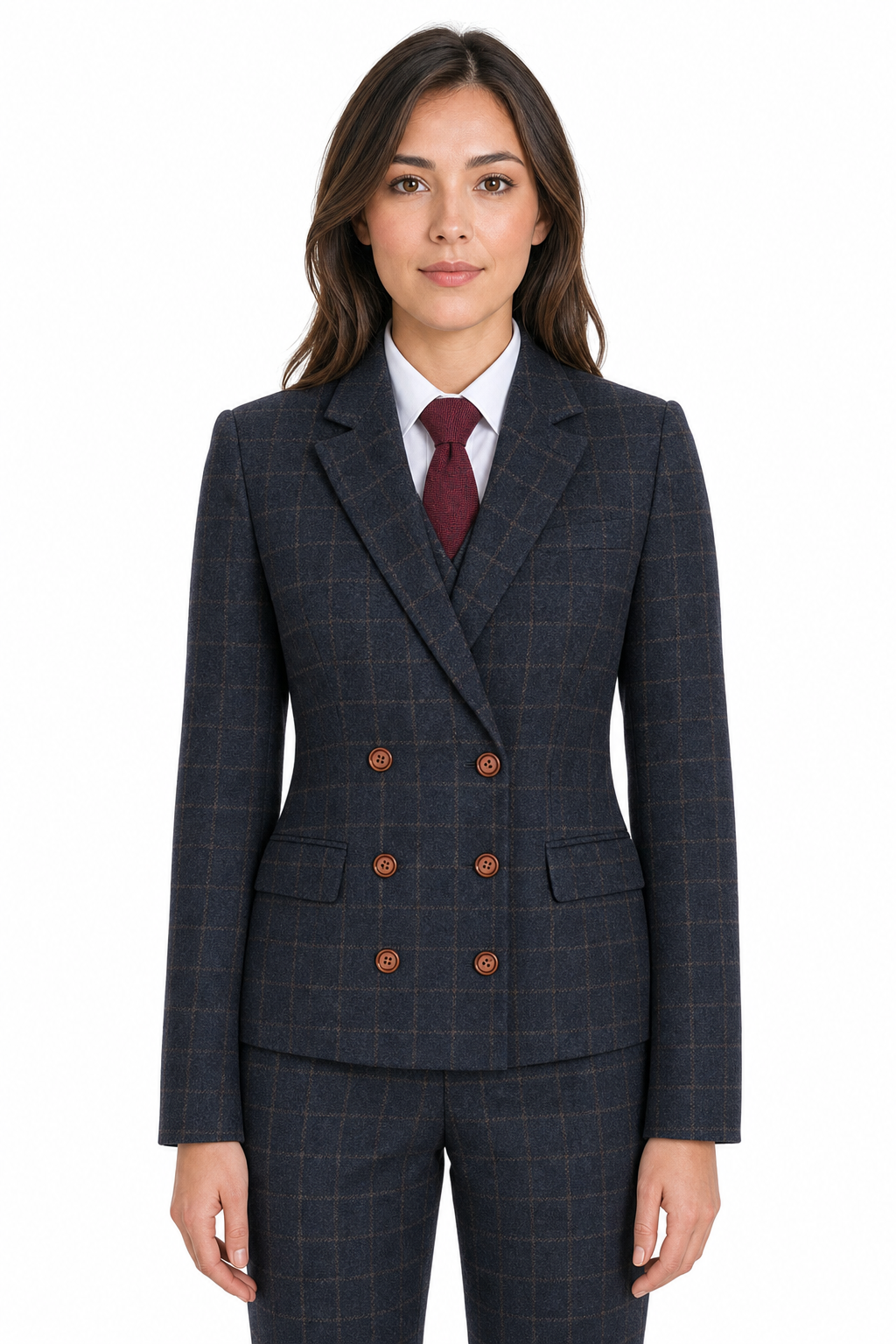 Women’s Made-to-Measure Navy Blue Country Check Tweed with Tan Three-Piece Suit - Image 14