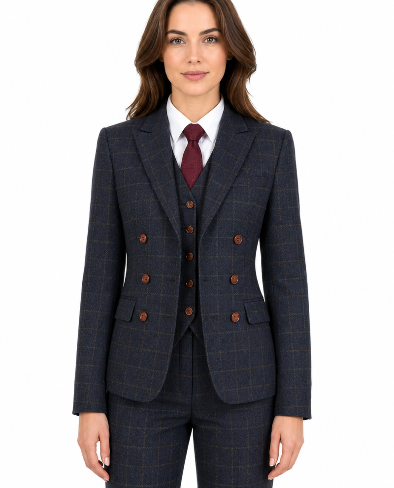 Women’s Navy Blue Country Check Tweed with Tan Double-Breasted Jacket