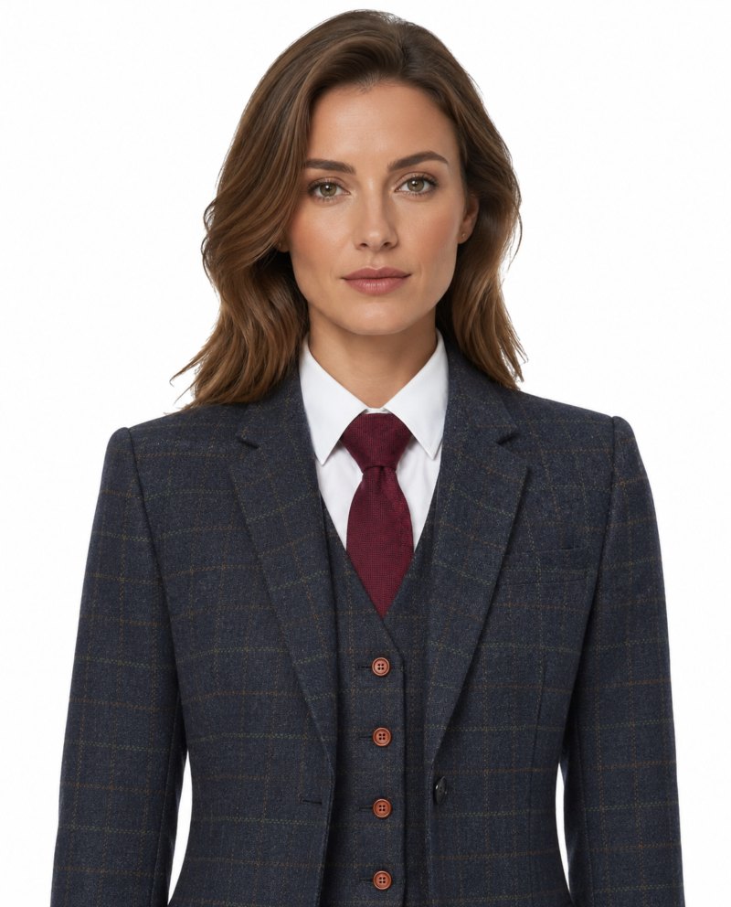 Women’s Navy Blue Country Check Tweed with Tan Single-Breasted Jacket