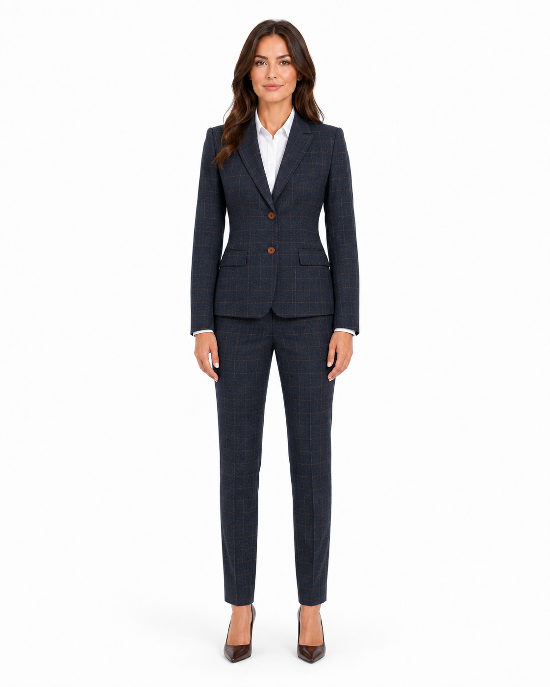 Women’s Made-to-Measure Navy Blue Country Check Tweed with Tan Three-Piece Suit - Image 8