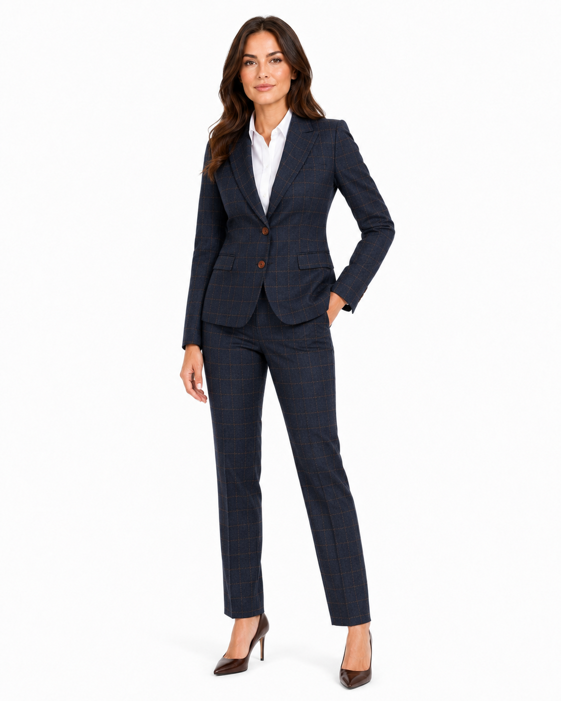 Women’s Made-to-Measure Navy Blue Country Check Tweed with Tan Three-Piece Suit - Image 9