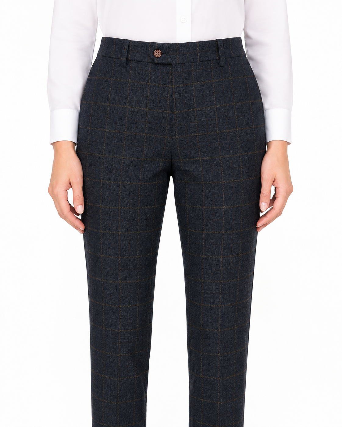 Women’s Made-to-Measure Navy Blue Country Check Tweed with Tan Three-Piece Suit - Image 26
