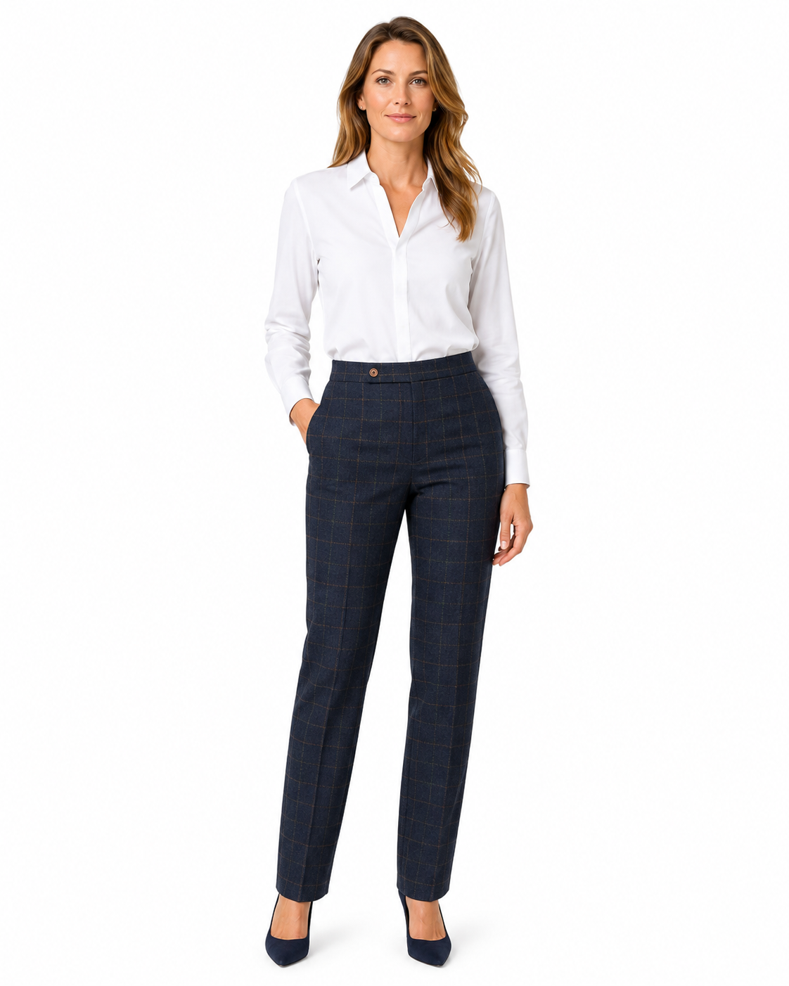 Women’s Made-to-Measure Navy Blue Country Check Tweed with Tan Three-Piece Suit - Image 27