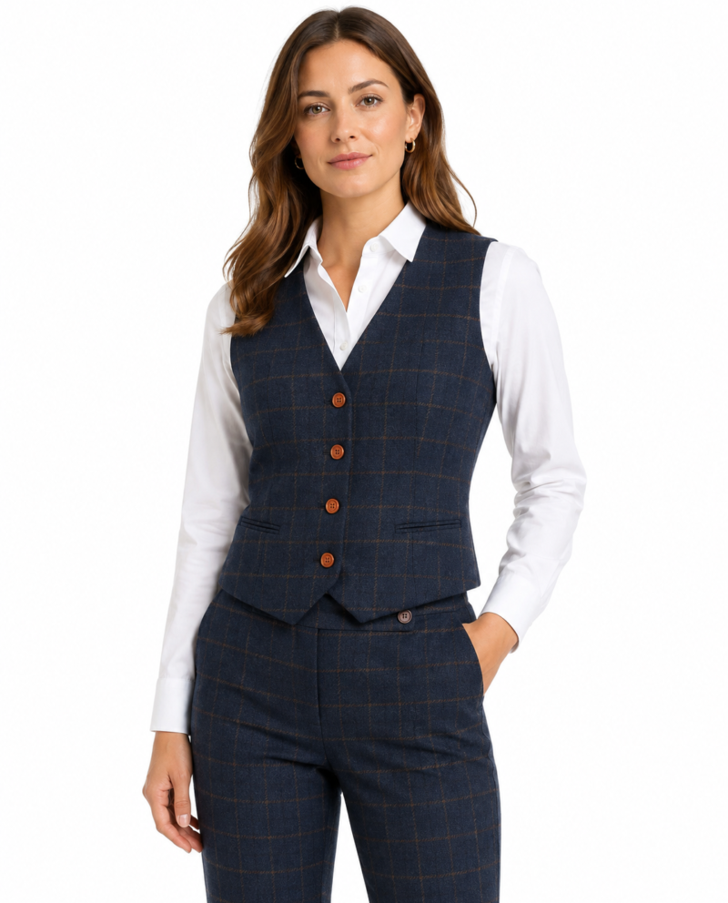 Women’s Navy Blue Country Check Tweed with Tan Waistcoat