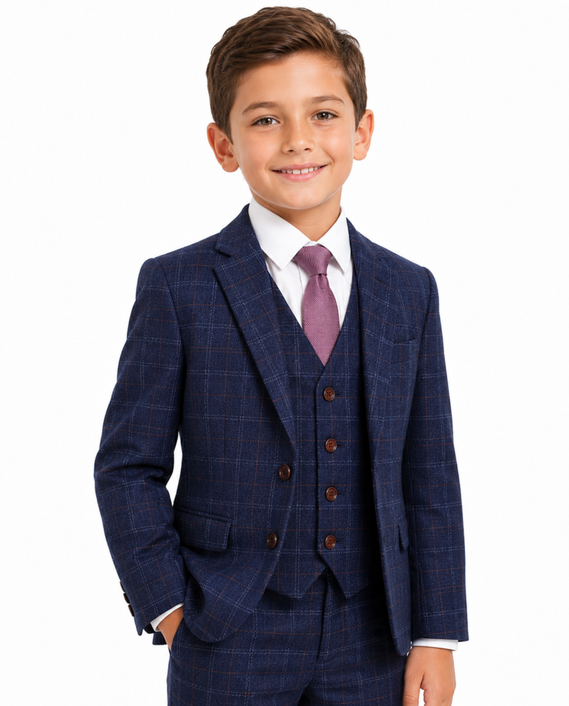 Boys’ Navy Blue Windowpane Check Tweed Jacket