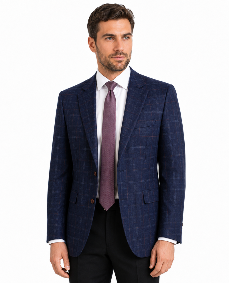 Men’s Navy Blue Windowpane Check Tweed Single-Breasted Jacket