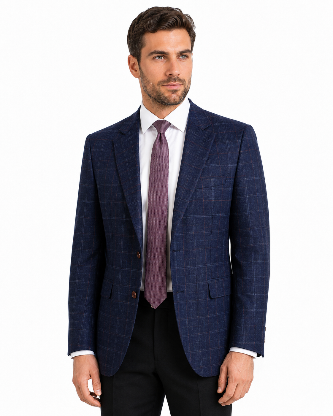 Men’s Navy Blue Windowpane Check Tweed Single-Breasted Jacket
