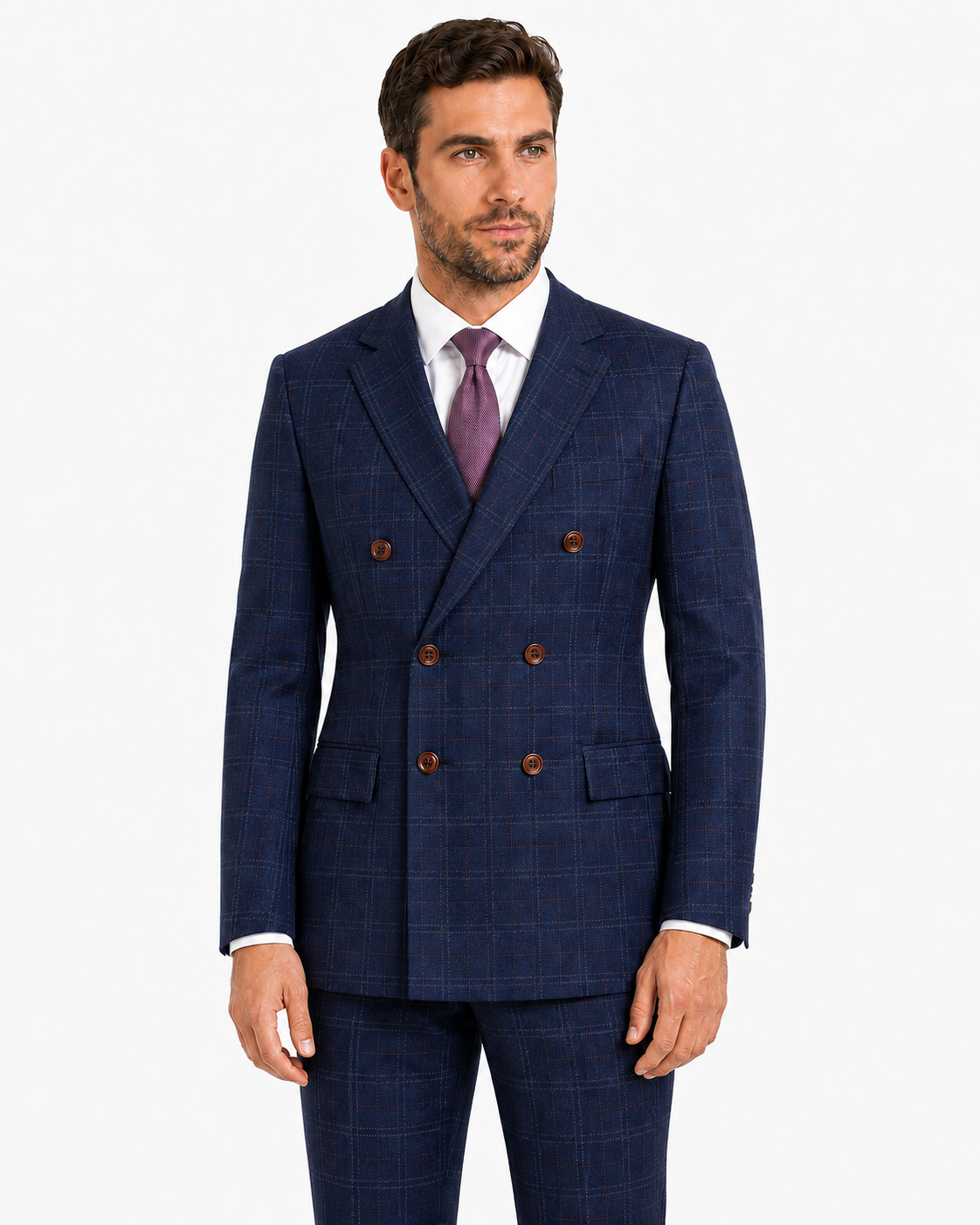 Men’s Made-to-Measure Navy Blue Windowpane Check Tweed Three-Piece Suit - Image 3