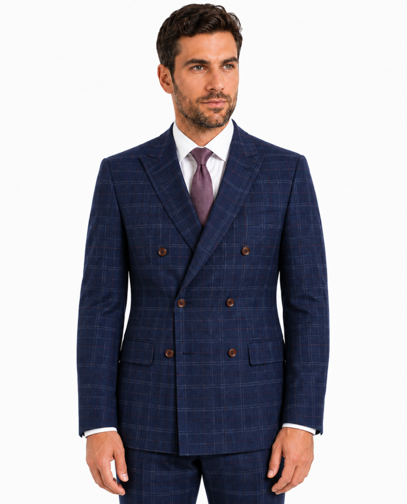 Men’s Navy Blue Windowpane Check Tweed Double-Breasted Jacket