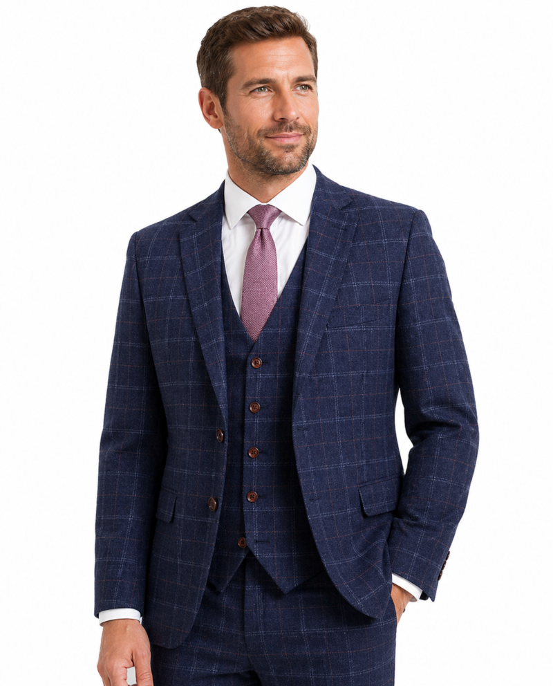 Men’s Navy Blue Windowpane Check Tweed Single-Breasted Three-Piece Suit