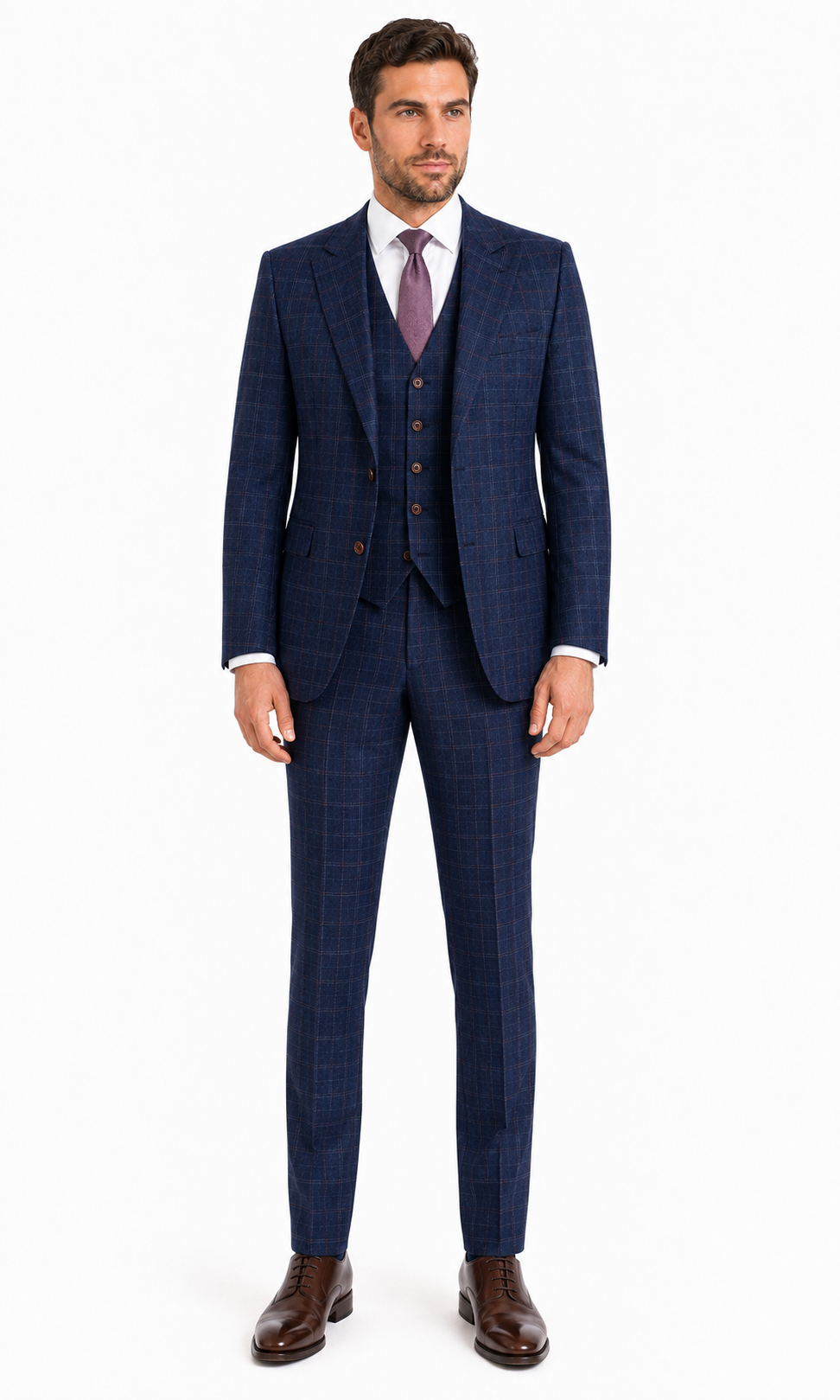 Men’s Made-to-Measure Navy Blue Windowpane Check Tweed Three-Piece Suit - Image 22
