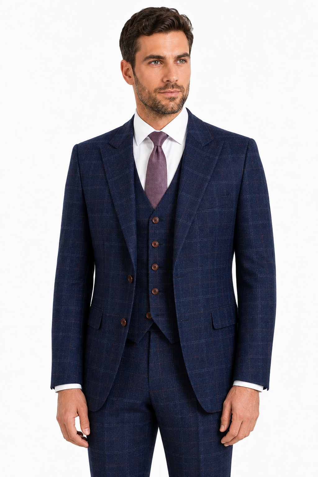 Men’s Made-to-Measure Navy Blue Windowpane Check Tweed Three-Piece Suit - Image 2