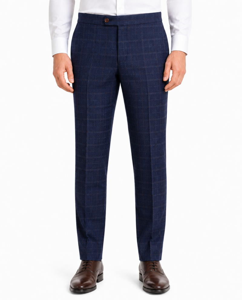 Men’s Navy Blue Windowpane Check Tweed Trousers