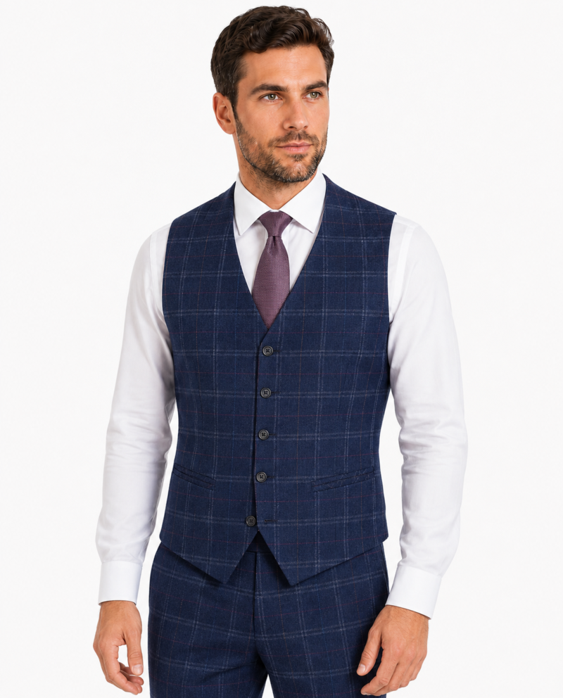Men’s Navy Blue Windowpane Check Tweed Waistcoat
