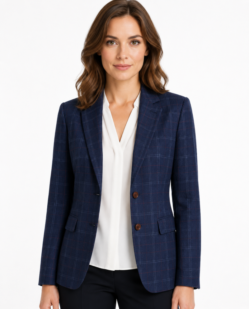 Women’s Navy Blue Windowpane Check Tweed Single-Breasted Jacket