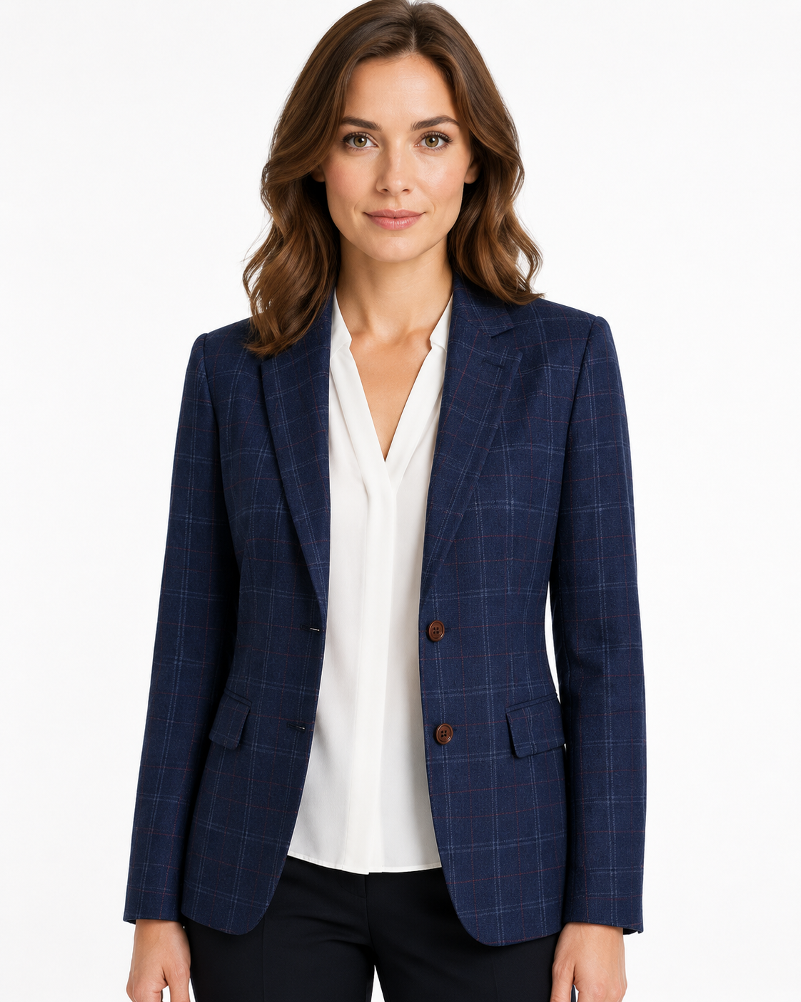 Women’s Navy Blue Windowpane Check Tweed Single-Breasted Jacket