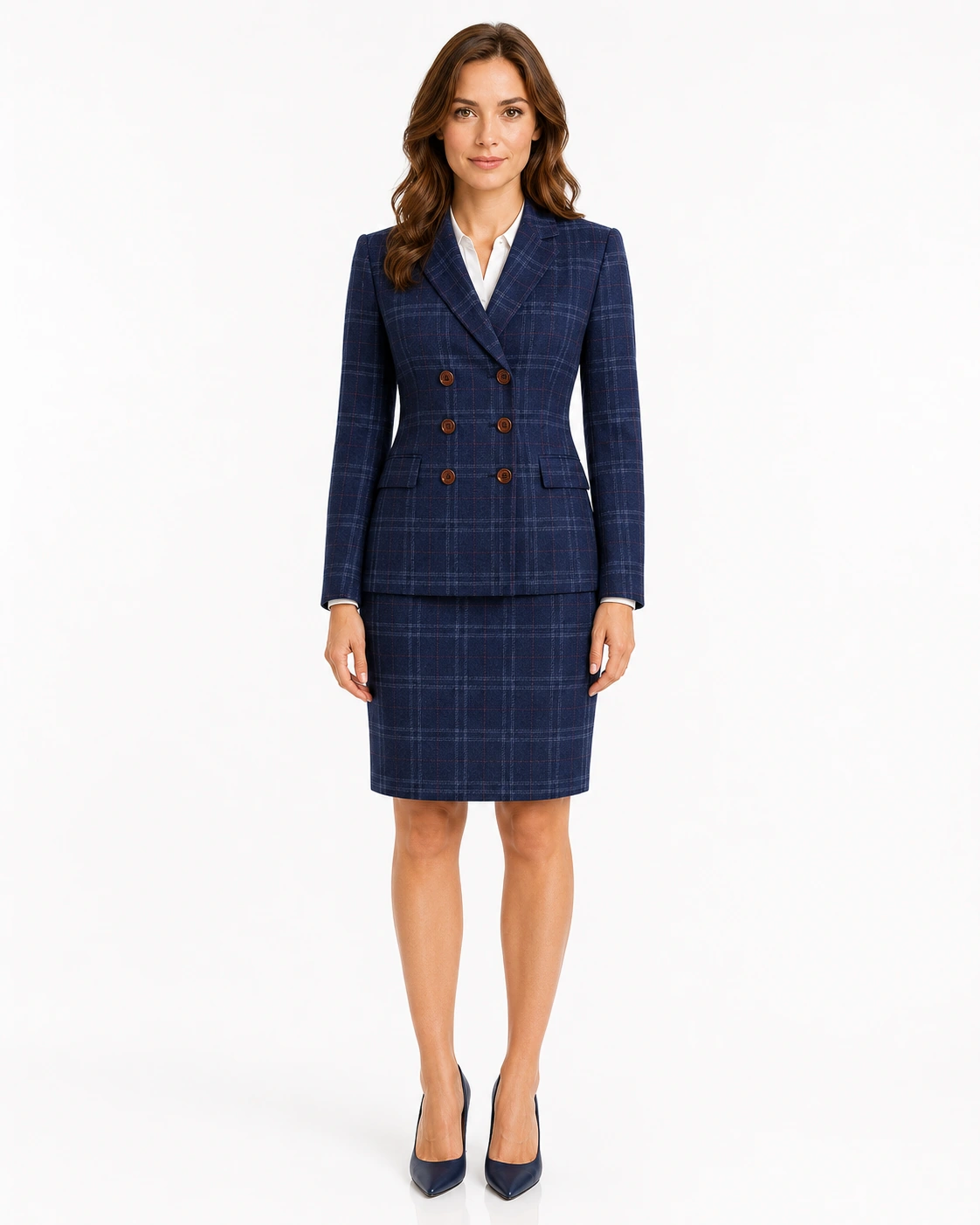 Women’s Made-to-Measure Navy Blue Windowpane Check Tweed Three-Piece Suit - Image 7