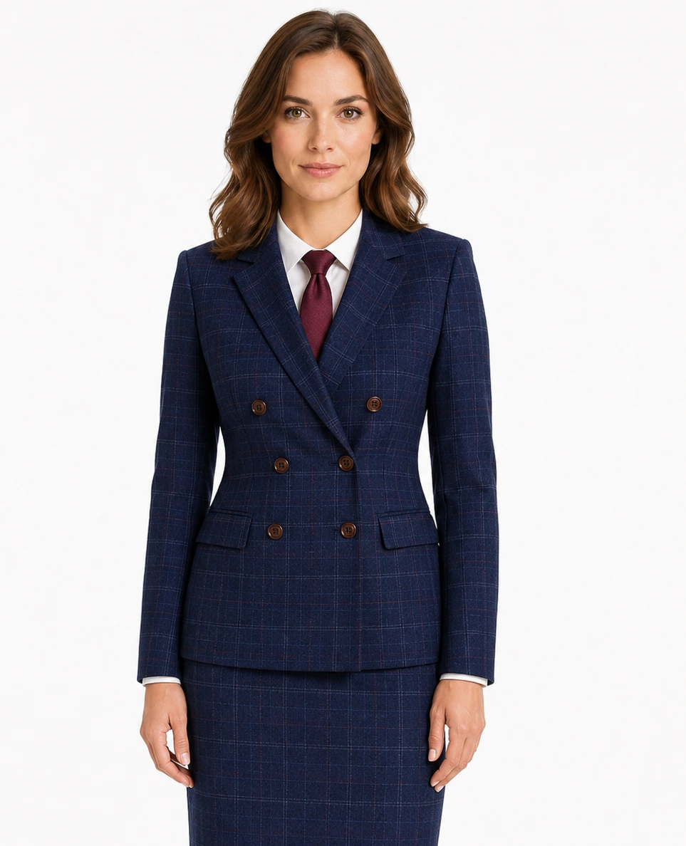 Women’s Made-to-Measure Navy Blue Windowpane Check Tweed Three-Piece Suit - Image 11